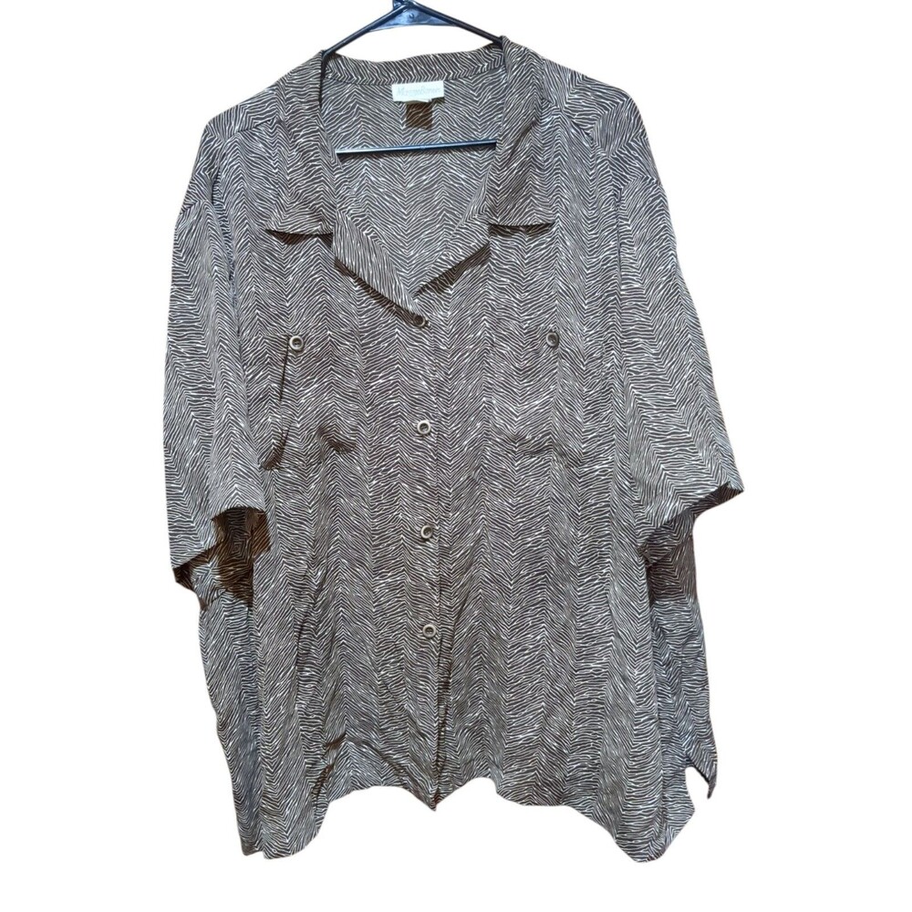 Maggie Barnes Women's  32W 5X Button Up Blouse Brown Short Sleeves Pockets